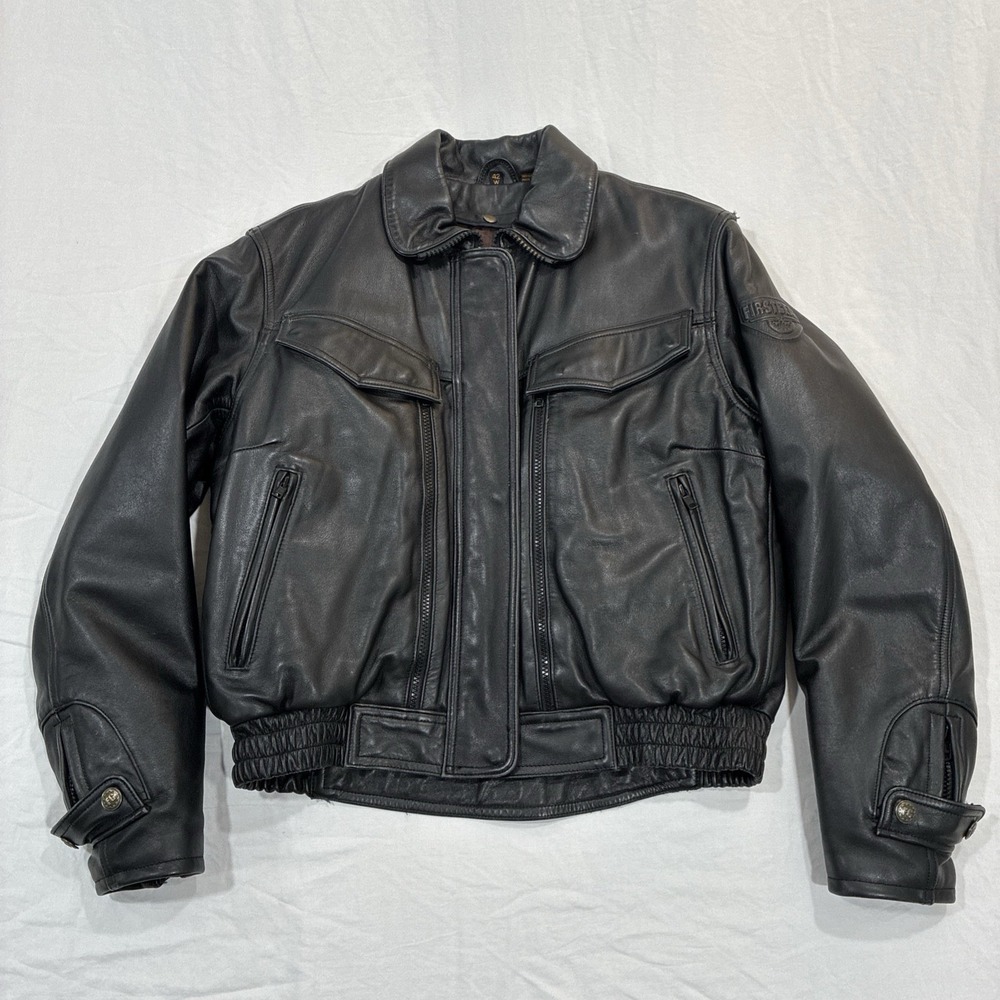 First Gear Scout III Black Leather Motorcycle Jacket Mens 42 W
